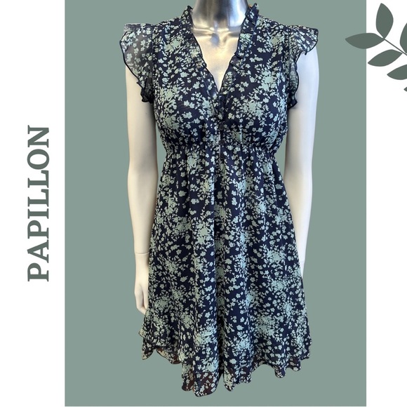 Papillon Floral Print Cap Sleeve V-Neck Dress Ruffle Trim Lined Size Medium - Picture 1 of 9